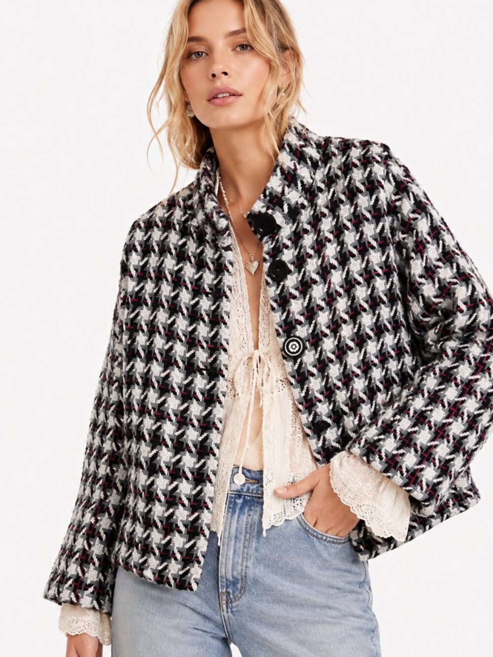 Miss Me Llama Wool Blend Jacket Womens L Houndstooth Lined Button Boho Y2K